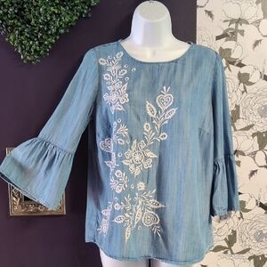 Crown & Ivy Blue Blouse with White Embroidery